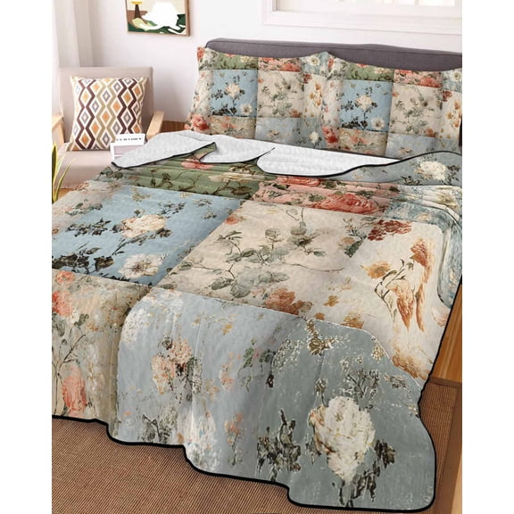 Spring Floral Full Size Down Alternative Comforter,Lightweight Comforter Quilt Bedding Set with Pillow Shams Elegant Checkered Summer Botanical Farmhouse Bed Comforter Duvet Insert 78"x90"