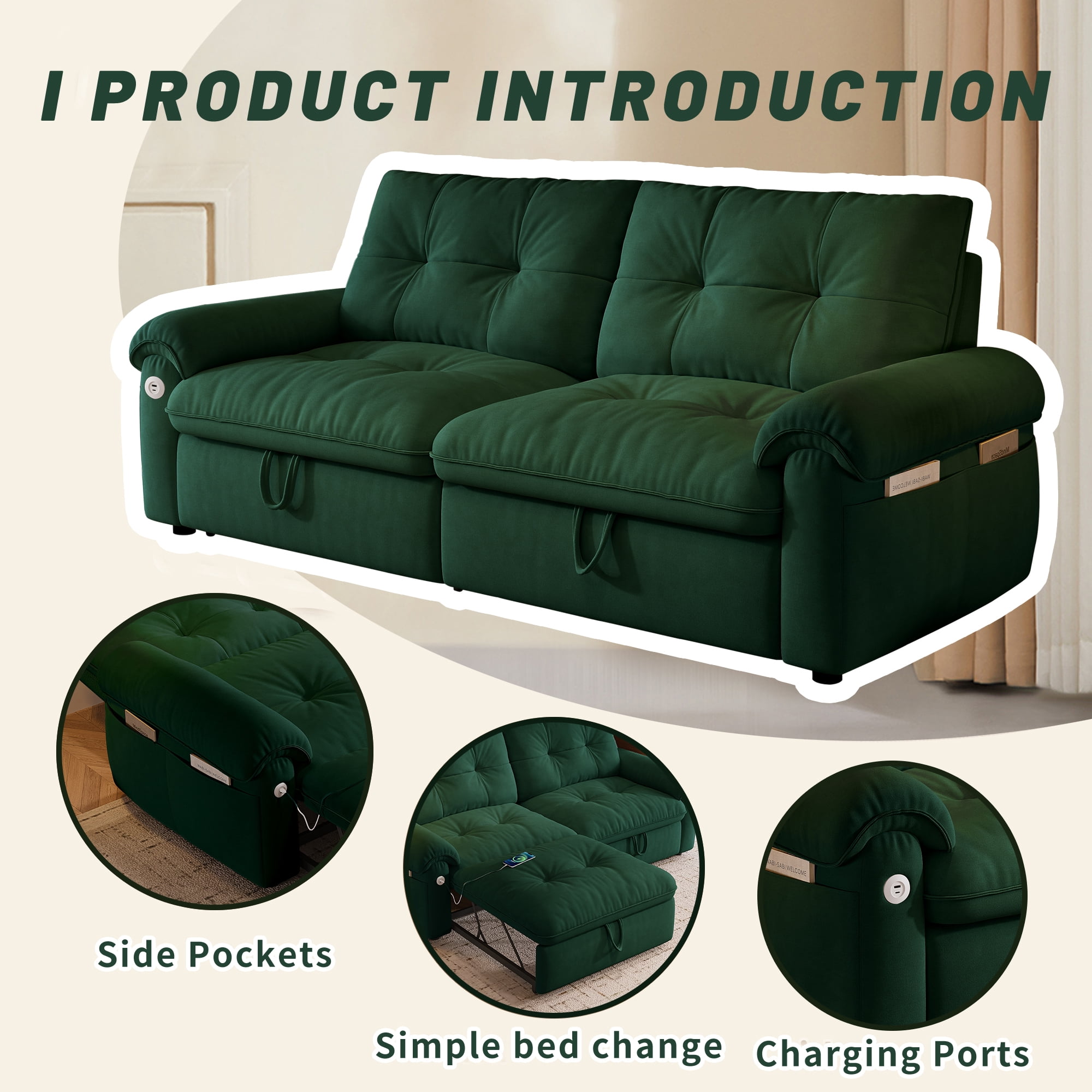 AISWORD 77"W Convertible Sleeper Sofa Bed,Velvet Pull-Out Loveseat Sofa Couch with USB Charging Port & Side Pockets,Modern Living Room Furniture for Small Spaces,Green