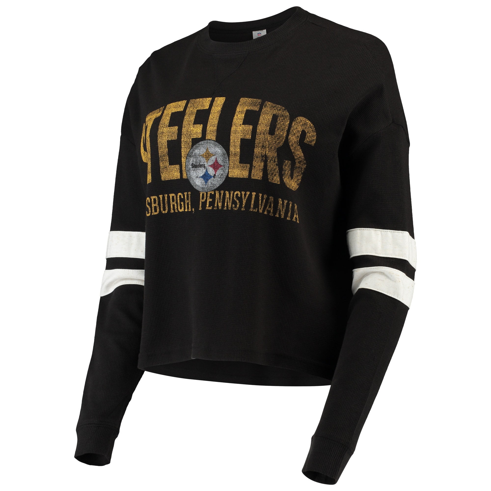 Black Mens Crew Neck Pittsburgh Steelers Cut And Sew Long Sleeve T-Shirt