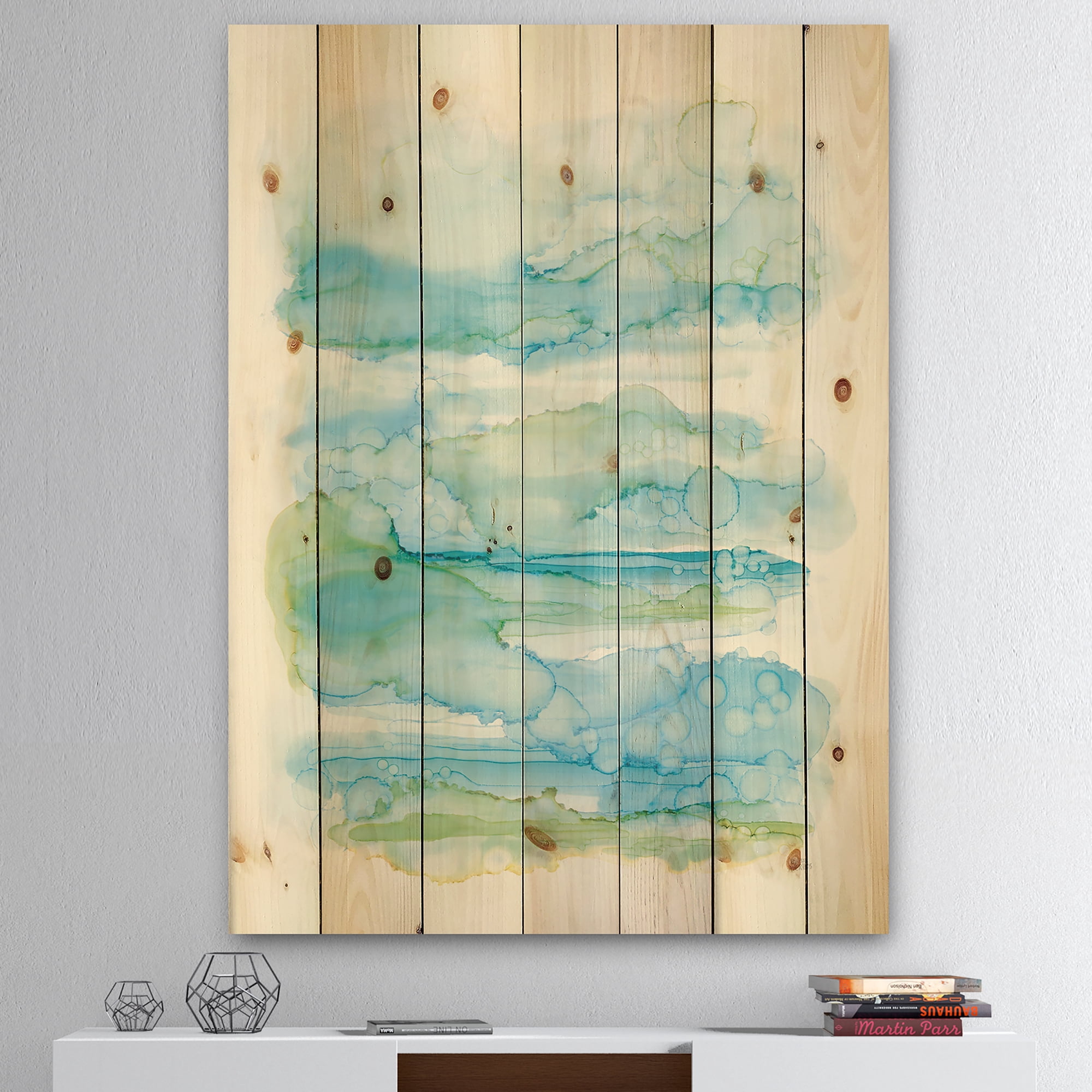 Designart 'Goache of Abstract Blue and Green' Modern Print on Natural Pine Wood