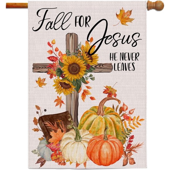 Bienvenue Drapeau de Jardin d'Automne, Décoration Extérieure d'Automne, Crucifix en Toile de Jute Double Face Citrouille Tournesol Drapeaux de Jardin, Décorations d'Automne Extérieures de Ferme Automne pour Jésus Drapeaux de Jardin (28"x40 Pouces)