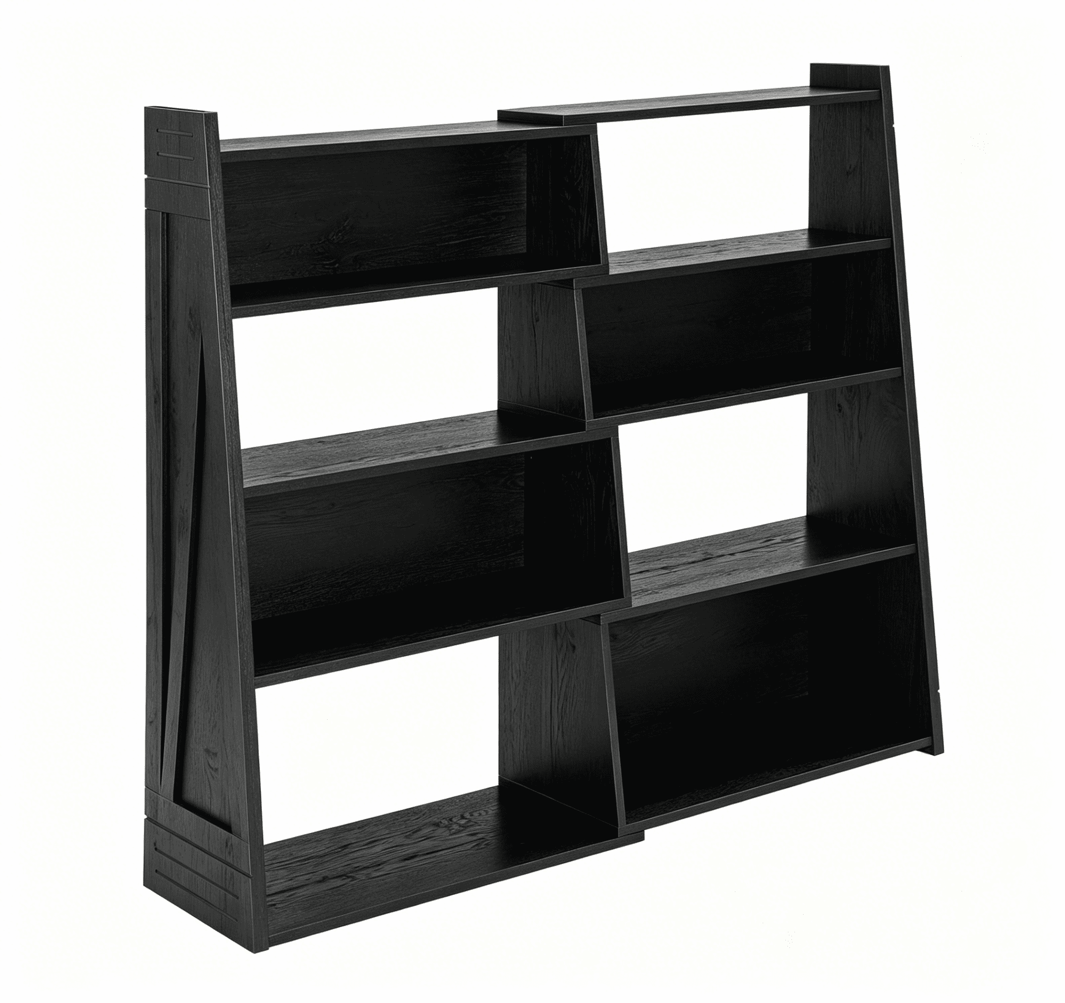 Modular Asymmetrical Bookshelf with 3 Configurable Layouts, Foldable Display Shelf and Staggered Storage Bookcase, Black Woodgrain