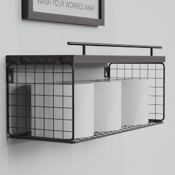 Set of 2 Wall Shelf, 15.7"L Floating Shelves with Wire Basket for Wall Decor, Boho Rustic Wood Wall Shelves Clearance Toilet Storage Shelf for Bathroom, Bedroom, Home, Farmhouse and Plant - Brown
