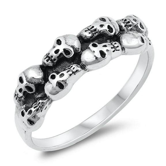 Oxidized Sterling Silver Double Row Skull Ring Size 7