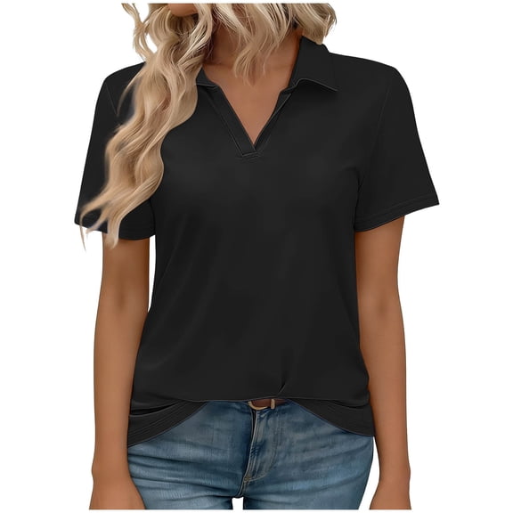 QQAMB Women's Shirts Cotton Short Sleeve V-Neck Collared Tops Golf Shirt Work Casual Summer Tee Black 2XL