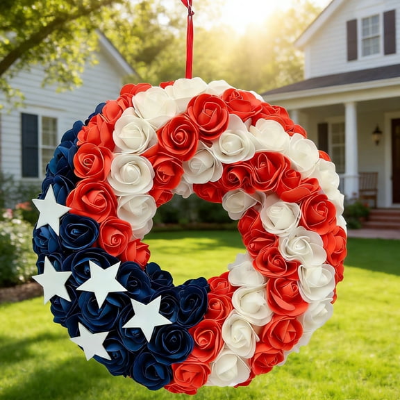 Nkmbld 4th of July Wreaths for Front Door, Red White Blue Round Shape Flower Wreath for Independence Day Memorial Day Flag Day Indoor Outdoor Decor