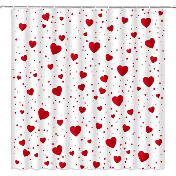 Rideau de Douche Cœur Rouge Saint-Valentin Cœur Pois Doux Amour Romantique Couple Polyester Décoration de Salle de Bain Rideau avec Crochet