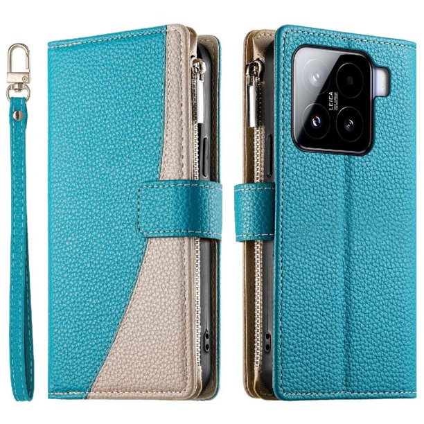 Funda cartera GANGXUN para Xiaomi 15 , cuero PU con tarjetero, cremallera, correa de mano, soporte y protección 510°