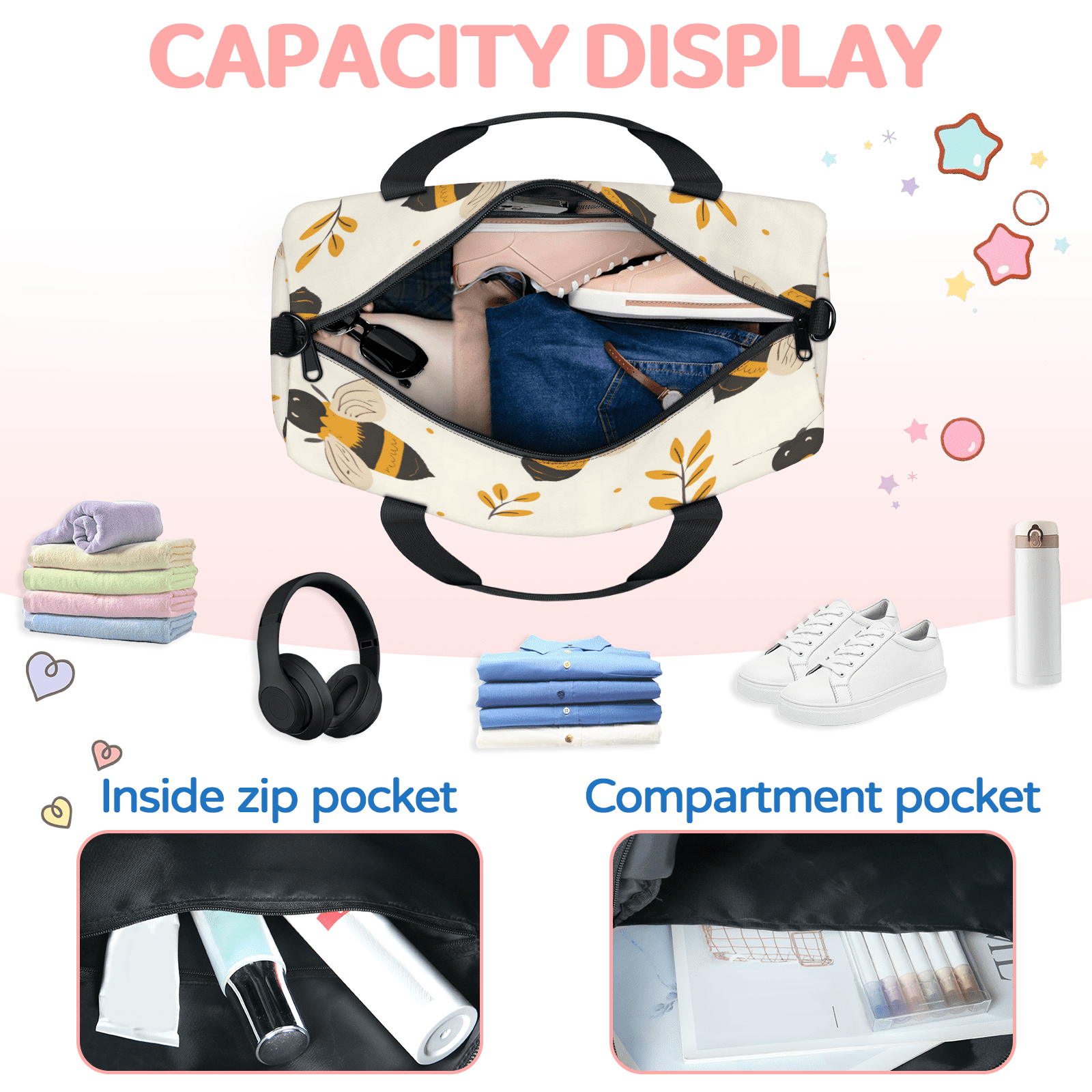 Herdesigns Honey Bee Gym Bag for Women, Duffle Bag for Travel Sport, Lightweight Waterproof Carry on Weekender Overnight Dance Yoga Workout Bags
