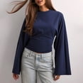 thumbnail image 4 of Dyfzdhu Long Sleeve Shirts For Women New Solid Color Round Neck Front Shoulder Wide Sleeve Waist Cinching Long Sleeved Personalized Womens Blouses, 4 of 7