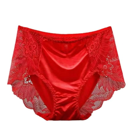 Skymirror Women Panties Lace Flower Embroidery Mid Waist Elastic Soft Breathable Anti-septic Glossy Ice Silk Lady Underpants Briefs Underwear