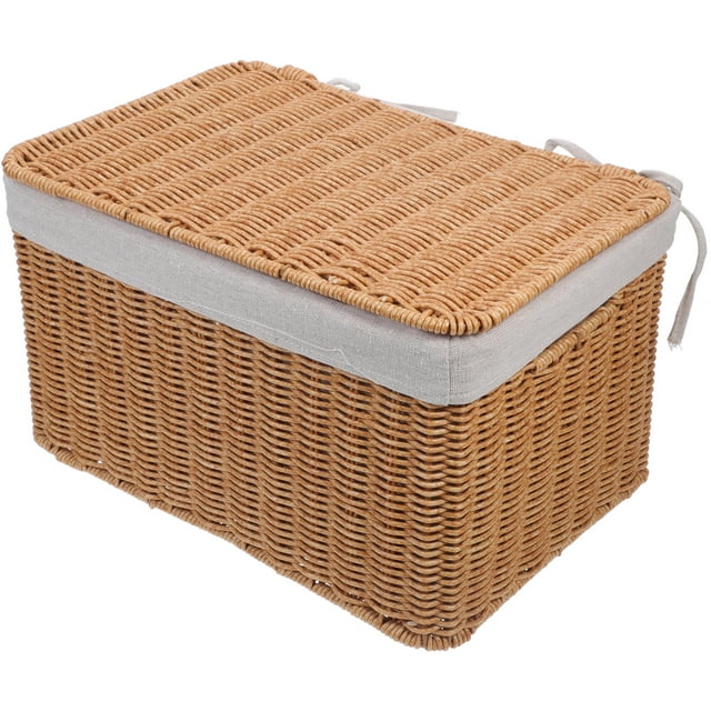 Cesta tejida con asa y tapa, organizador rectangular de almacenamiento, cesta de mimbre con forro, cesta vacía para organizar juguetes, libros, armarios de niños y bebés, decoración de habitaciones.