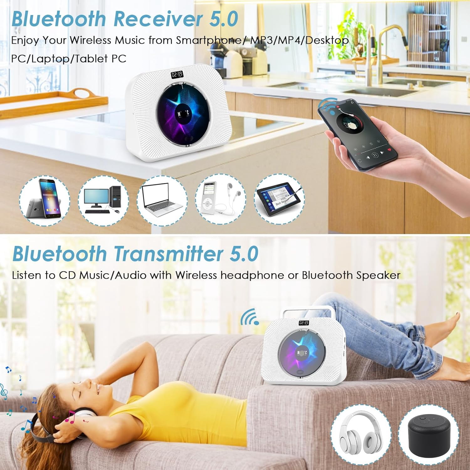 Gueray CD Players for Home Desktop CD Radio Player Speakers Portable CD Player with Bluetooth Timer Display Desktop Audio