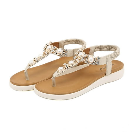 

Shldybc Slippers for Women Women s Shoes Light Beach Slip-On Slippers Mid Heel Casual Comfortable Pearl Diamonds Wedges Sandals Bohemian Flip Flops Summer Savings Clearance