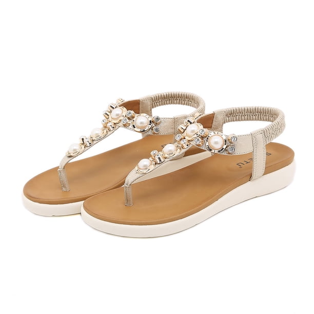 Zapatos de mujer, zapatillas de playa ligeras, zapatillas sin cordones, tacón medio, informales, cómodas, con diamantes de perlas, sandalias con cuña, chanclas bohemias Wmkox8yii nm2629