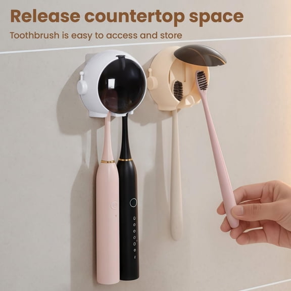 2-Pack Wall Mount Toothbrush Holders with Cover, Single Slot Dustproof Bathroom Organizer for Family