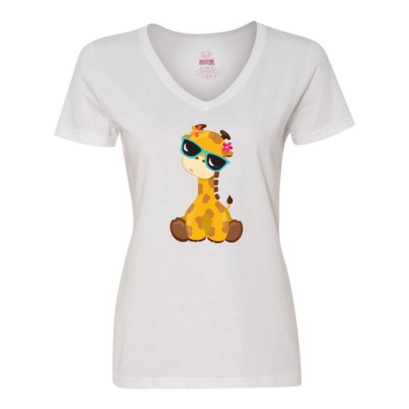 Inktastic Giraffe With Blue Sunglasses, Cute Giraffe Women's V-Neck T-Shirt