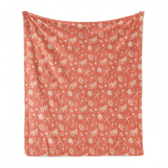Shell Soft Flannel Fleece Throw Blanket, Underwater Creatures Starfish Seaweed Scallop Periwinkle Shell and Mollusca, Cozy Plush for Indoor and Outdoor Use, 70" x 90", Salmon and White, by Ambesonne