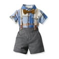 thumbnail image 2 of XUELUO Toddler Boys Casual Outfit Sets Summer Plaid Print Lapel Bow Tie Botton Down Short Sleeve T Shirt Tops and Suspenders Shorts Gentleman Two Piece Daily-Wear,Blue,3-4 Years, 2 of 8