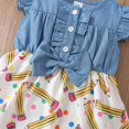 thumbnail image 7 of Rggeeun Child Girls Dresses Back-to-School Themed Twofer Colorful Dots & Pencil Pattern Ruffled Fly Sleeve Crew Neck Buttons Bow for Summer Everyday Wear Adorable Sundress,Blue,1-2 Years, 7 of 7
