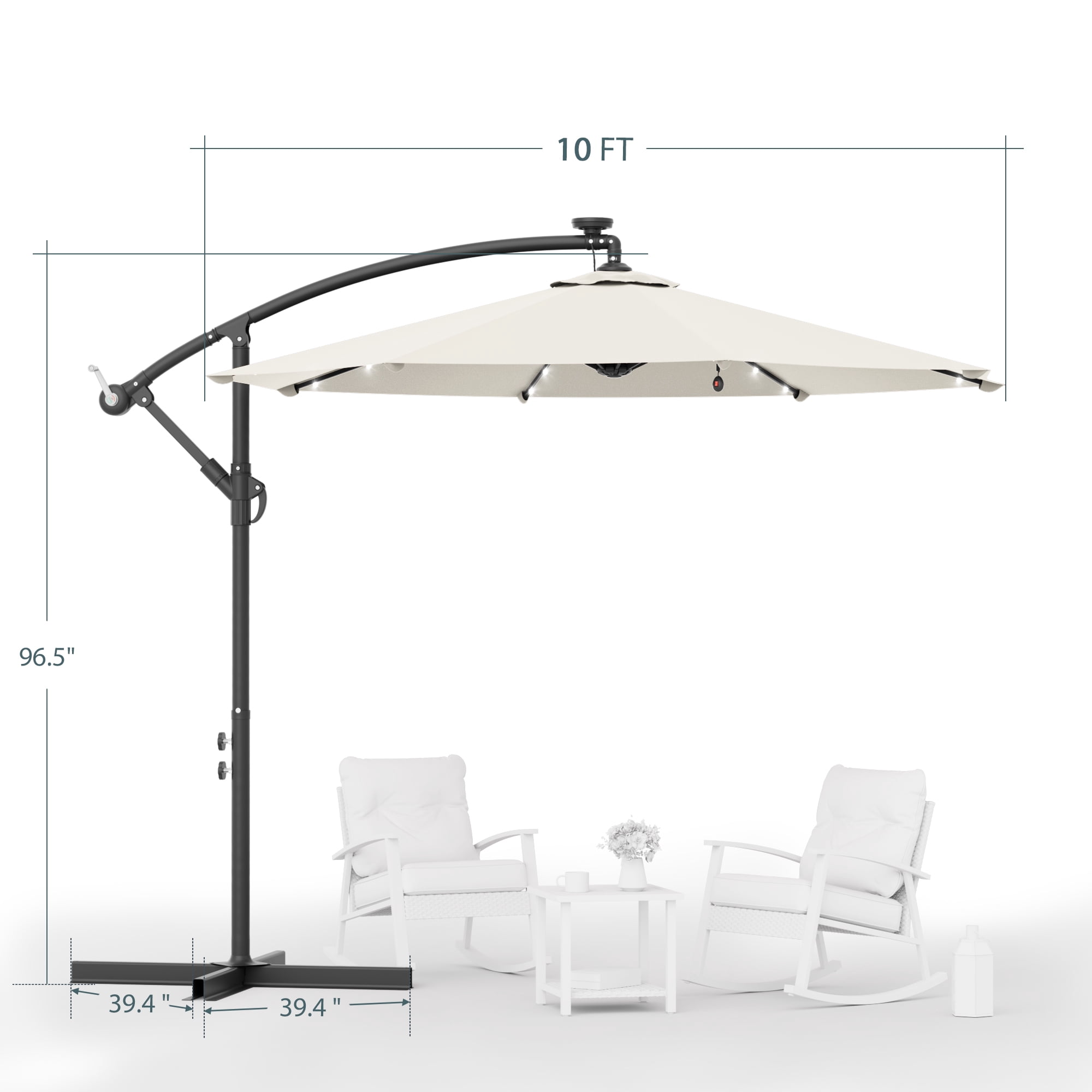 ACEGOSES 10ft 32 LED Outdoor Patio offset Umbrella, Solar Lighted Hanging Umbrella with 8 Ribs for Desk,Garden,Yard, Beige