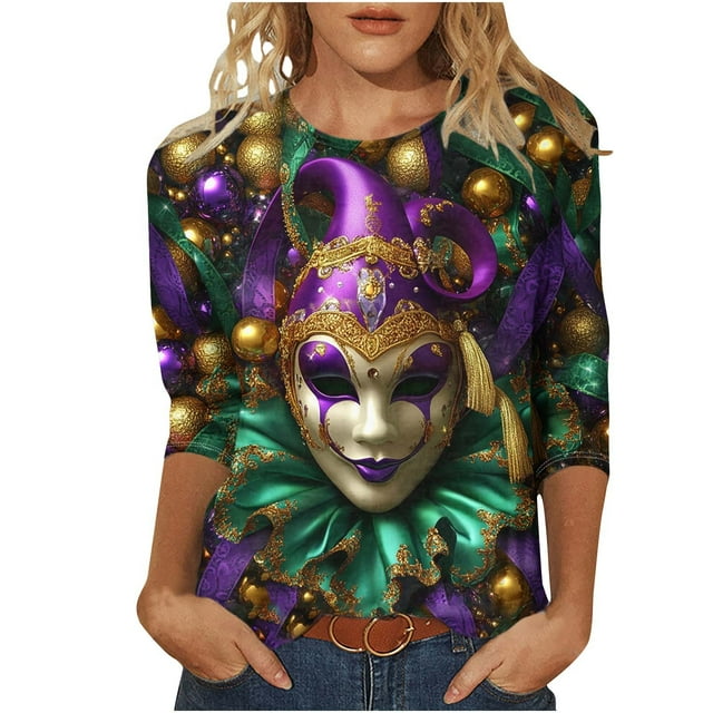 Penkiiy Blouse de Carnaval Manches 3/4 Chemise de Printemps Tee Quotidien Imprimé Masque Blouse Mardi Gras Col Rond 2024 Tee Tunique Habillée m Multicolore