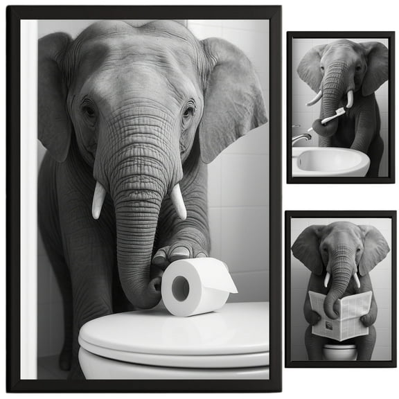 Elephant Bathroom Decor, Wall Art, Farmhouse Photo Picture Set, 3pk, 8.5x11, TheNameStore