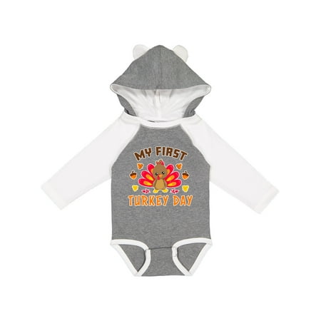 

Inktastic My First Turkey Day with Turkey and Leaves Gift Baby Boy or Baby Girl Long Sleeve Bodysuit
