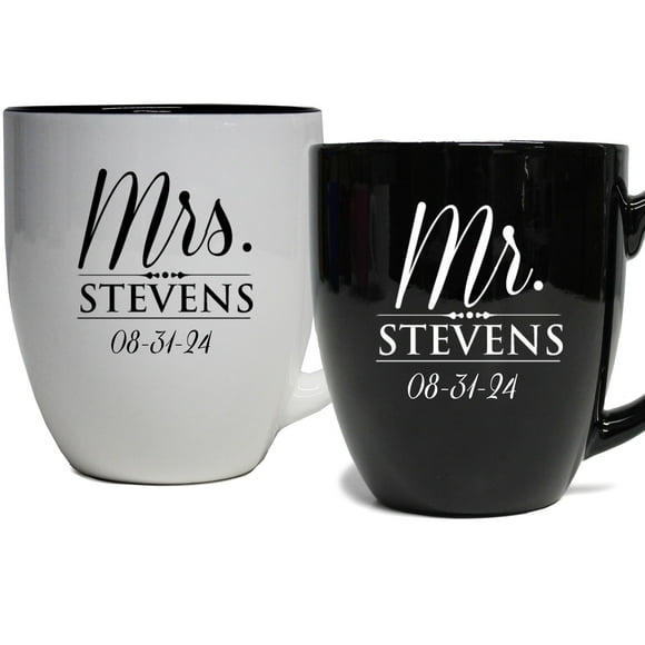 My Personal Memories Ensemble de 2 Tasses Personnalisées Mr. et Mrs. Coffee Latte 16oz pour Couple - Tasse Gravée Personnalisée Cadeau pour Mariée, Mari, Elle, Mari, Femme (Noir Mr, Blanc Mrs)