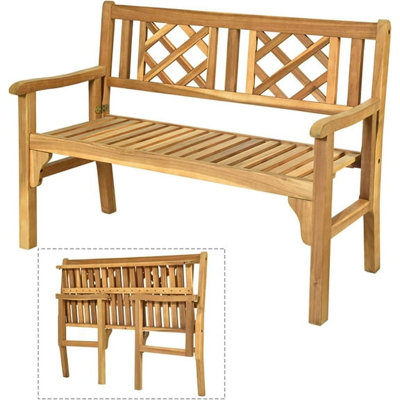 RTYJGD 4 Ft Foldable Outdoor Bench, Acacia Wood Outside Loveseat with Curved Backrest and Armrest, 705Lbs Weight Capacity, Garden Bench for Patio, Park, Porch, Balcony