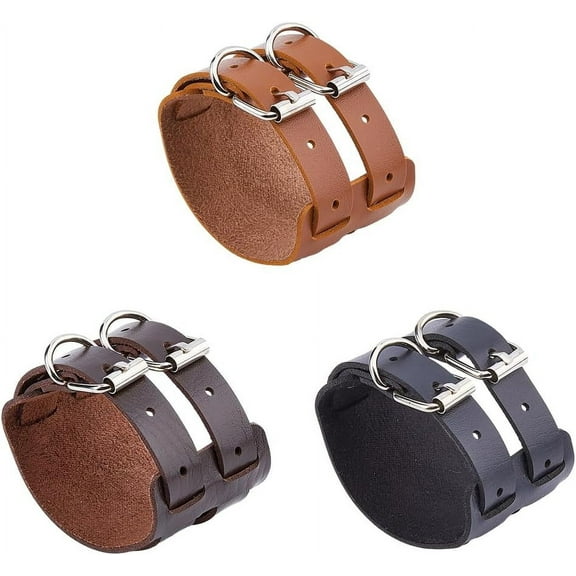 1bag 3Pcs 3 Colors Imitation Leather Bracelets Punk Rock Cuff Bracelet 28.8cm/11.3inch Adjustable Wrap Bracelet with Alloy Clasps for Men and Women