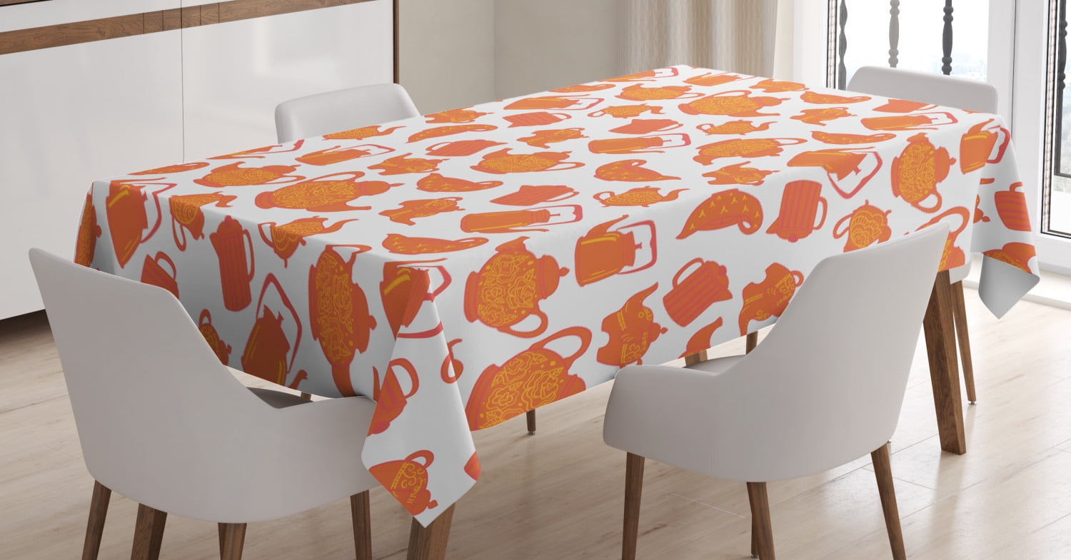 Tea Tablecloth, Old Fashioned Classic Ornament Teapots Ceramic Antique Teatime Beverage Pattern