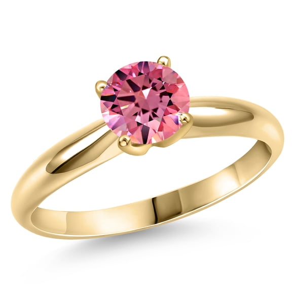 Gem Stone King 14K Yellow Gold Fancy Pink Zirconia Engagement Ring for Women | 1.28 Cttw | Round 7MM | Gemstone Birthstone | Size 7
