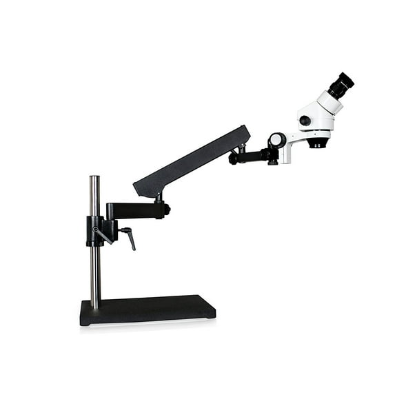 Vision Scientific Binocular Zoom Stereo Microscope, 10x Widefield Eyepiece, 0.7x-4.5x Zoom Range, 7x-45x Magnification Range, Articulating Arm Pillar Stand w/ Base