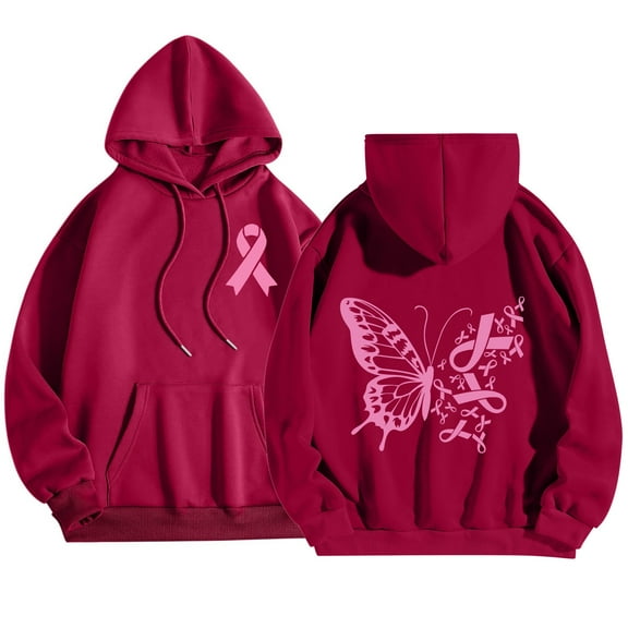 Womens Oversized Hooded Sweatshirt Pink Ribbon Graphic Long Sleeve Cancer Awareness Hoodies Fall Fashion Tops 2025