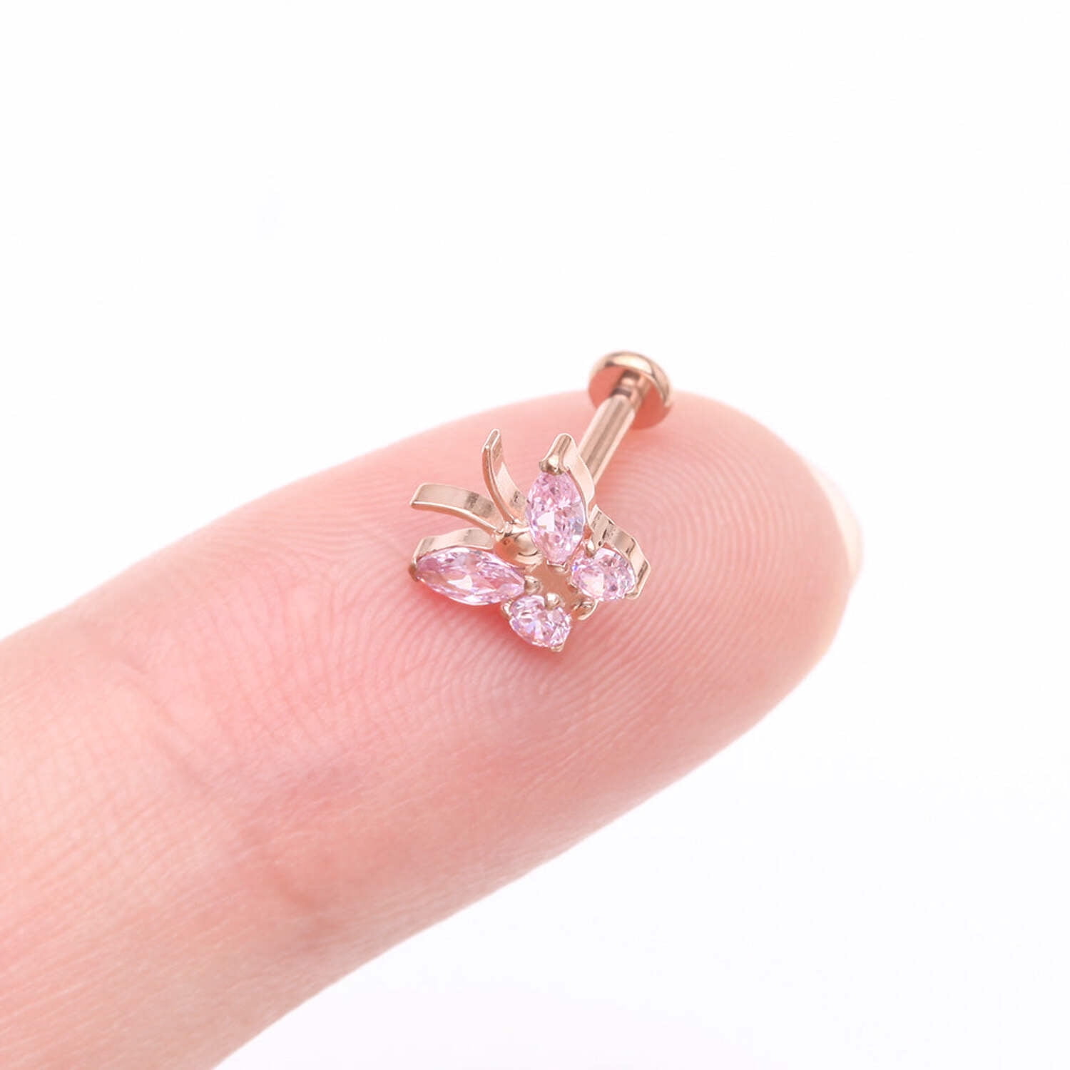 Implant Grade Titanium Rose Gold Butterfly Sparkle Internally Threaded Flat Back Stud Labret