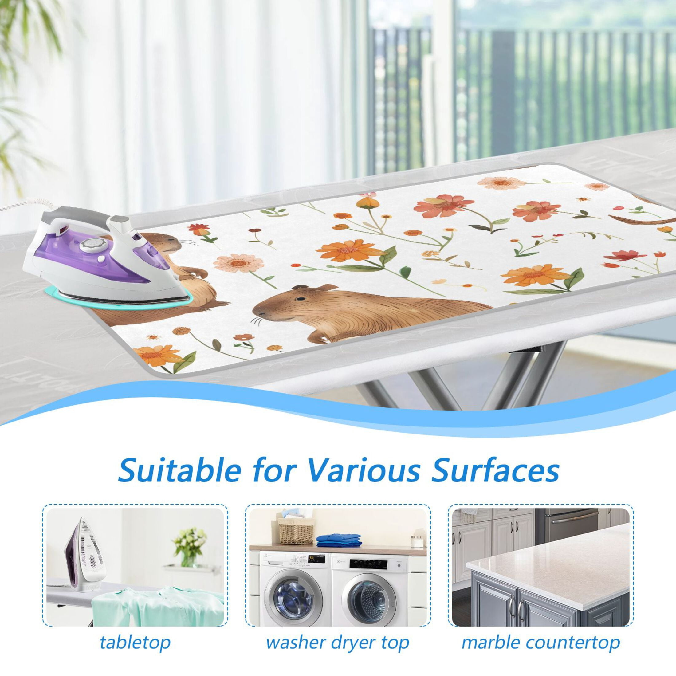Lovely Capybara with Beautiful Florals Ironing Mat Blanket Portable Travel Ironing Pad Heat Resistant Pad 47.2" x 27.6”