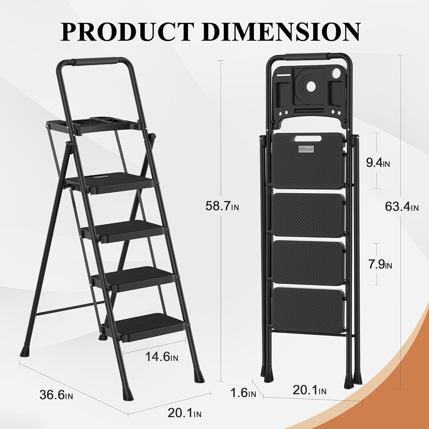 LevLad 4 Step Ladder with Tool Tray, Folding Step Stool, Wide Anti-Slip Pedal and Anti-Slip Feet, Steel Ladder for Home Improvement, Black