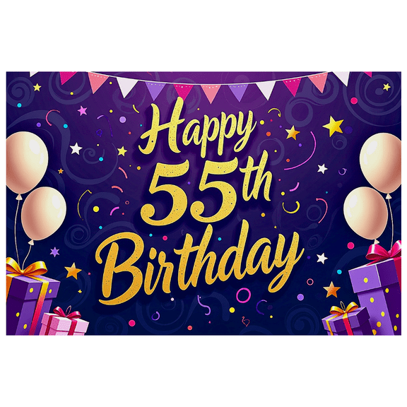 Vibrant Purple Happy 55th Birthday Banner with Balloons Stars and Gift Boxes Background Party Decoration for Birthday Parties Photography Props and Backdrop Decorations