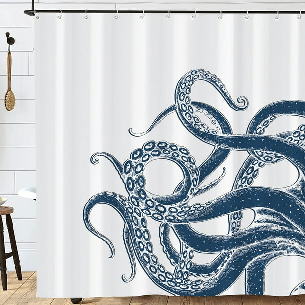 Billuyoard Decoración de baño sin esfuerzo, divertido juego de cortinas de ducha de tela gótica con animales marinos en blanco y negro Juegos de accesorios de baño YL490-1