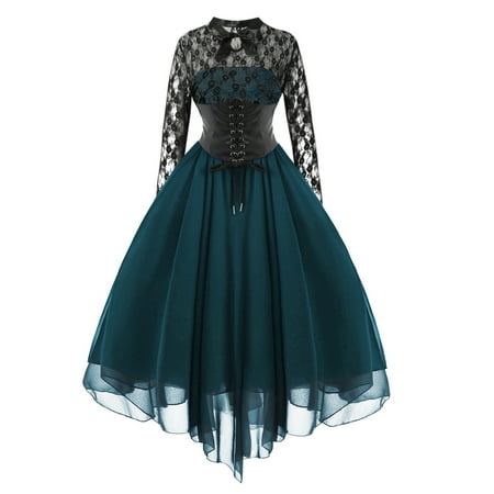 Feancey Weekly sale 2025 Gothic Dresses for Women Plus Size Women Steampunk Gothic Dress with Corset Halter Long Sleeve Lace Cocktail Swing Dress Handkerchief Hem Halloween Punk Hippie Dress