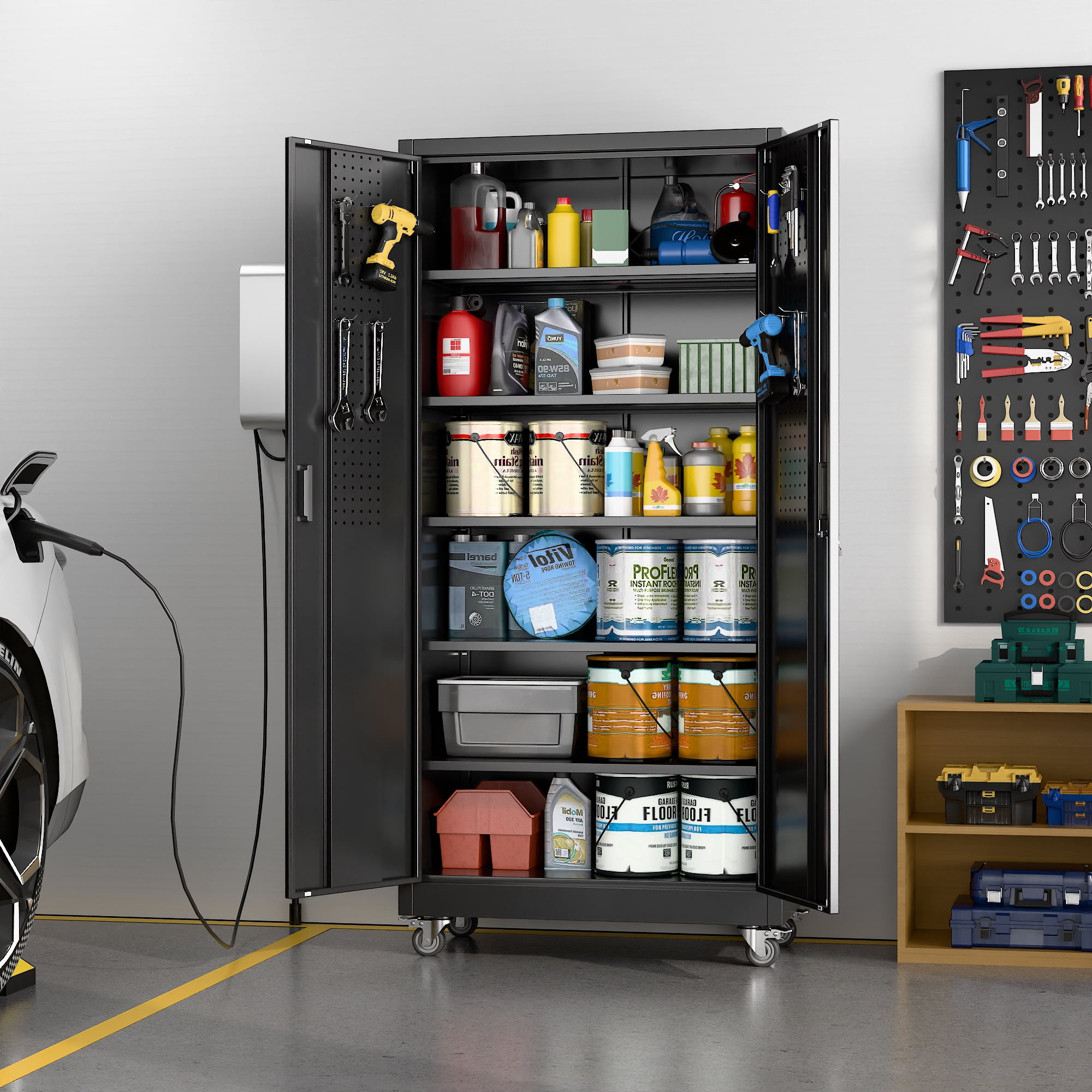 Supeer Metal Garage Storage Cabinet with 5 Shelves, 71" H Top Workbench Mobile Tool Chests Garage Cabinets with Pegboards,Tool Cabinets for Home,Office,Shop，Assembly Required, Black