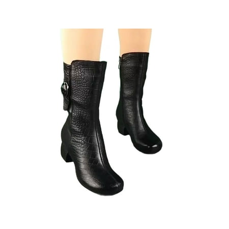 

Daeful Ladies Mid-Calf Boot Fashion Winter Shoes Chunky Heeled Boots Lightweight Comfort Work Black 7