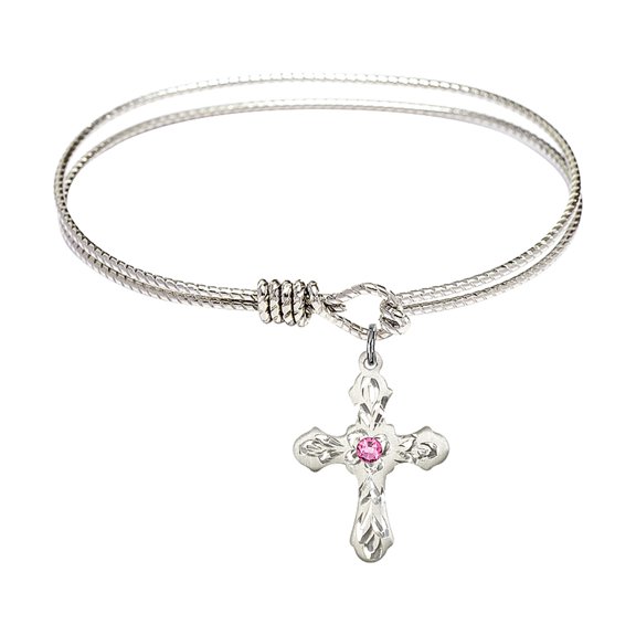 6 1/4 inch Oval Eye Hook Bangle Bracelet w/ Cross medal charm w/ Rose Swarovski Crystal