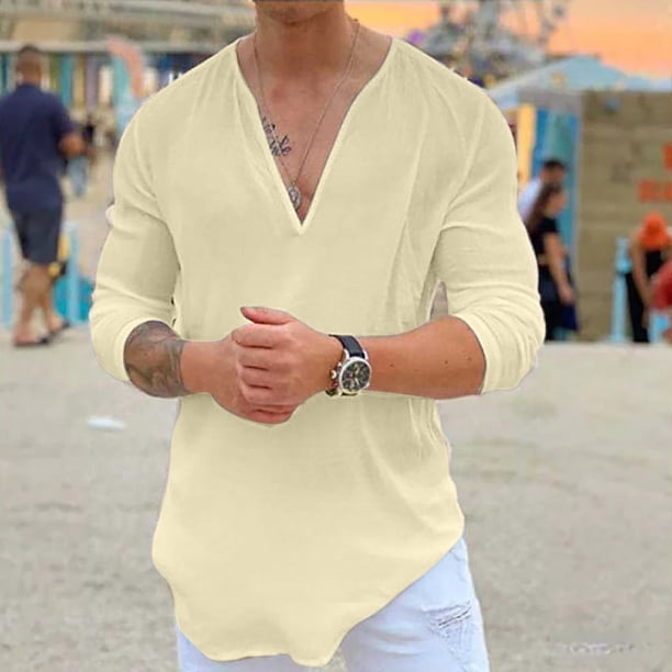 Blusas y camisas de manga larga con cuello en V para hombre, blusas casuales de moda, blusas lisas de manga larga con cuello en V, blusas transpirables para hombre