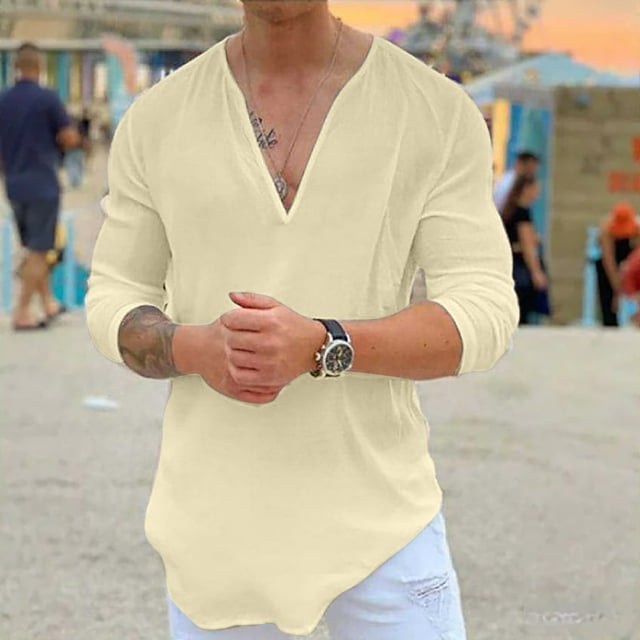 DPTALR Men Casual Solid V-neck Long Sleeve Pullover Breathable Shirt Blouse Tops