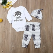 Newborn Baby Girl Animal Cotton Set Elephant Letter Pullover + Pattern Striped Pants + Hat Casual Set 3PCS