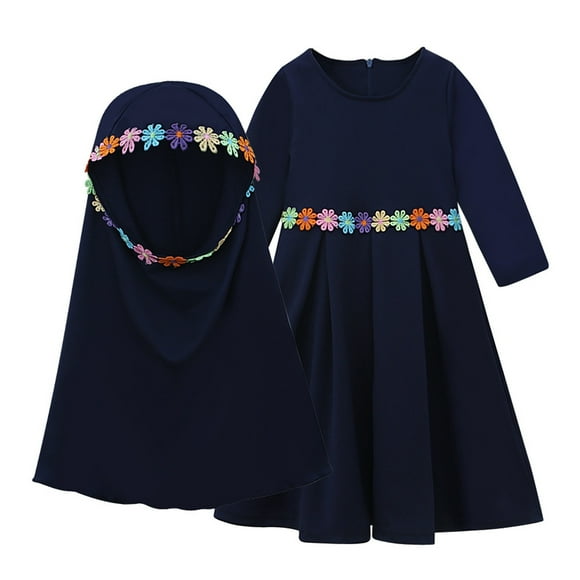 Odeerbi Niñas Vestido Musulmán Algodón Con Hijab Una-Pieza Vestido Oración Islámica Color Sólido Vestido Manga Larga Con Pañuelo En La Cabeza Conjunto