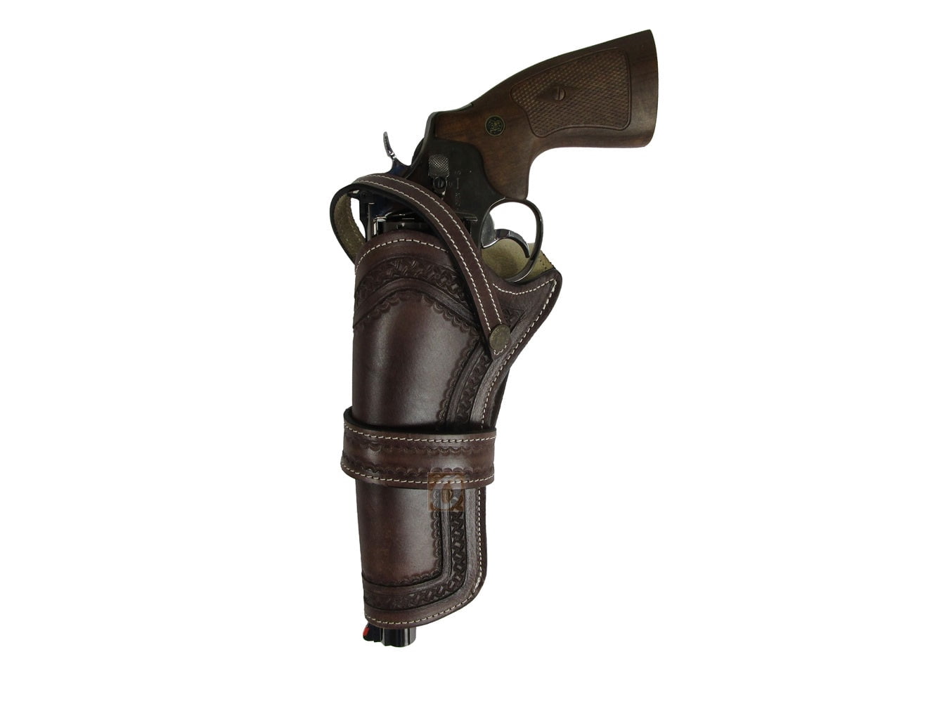 Leather Holster Long Barrel Western Gun Cover Pin Wheel Tooled Brown Color - Left Handed