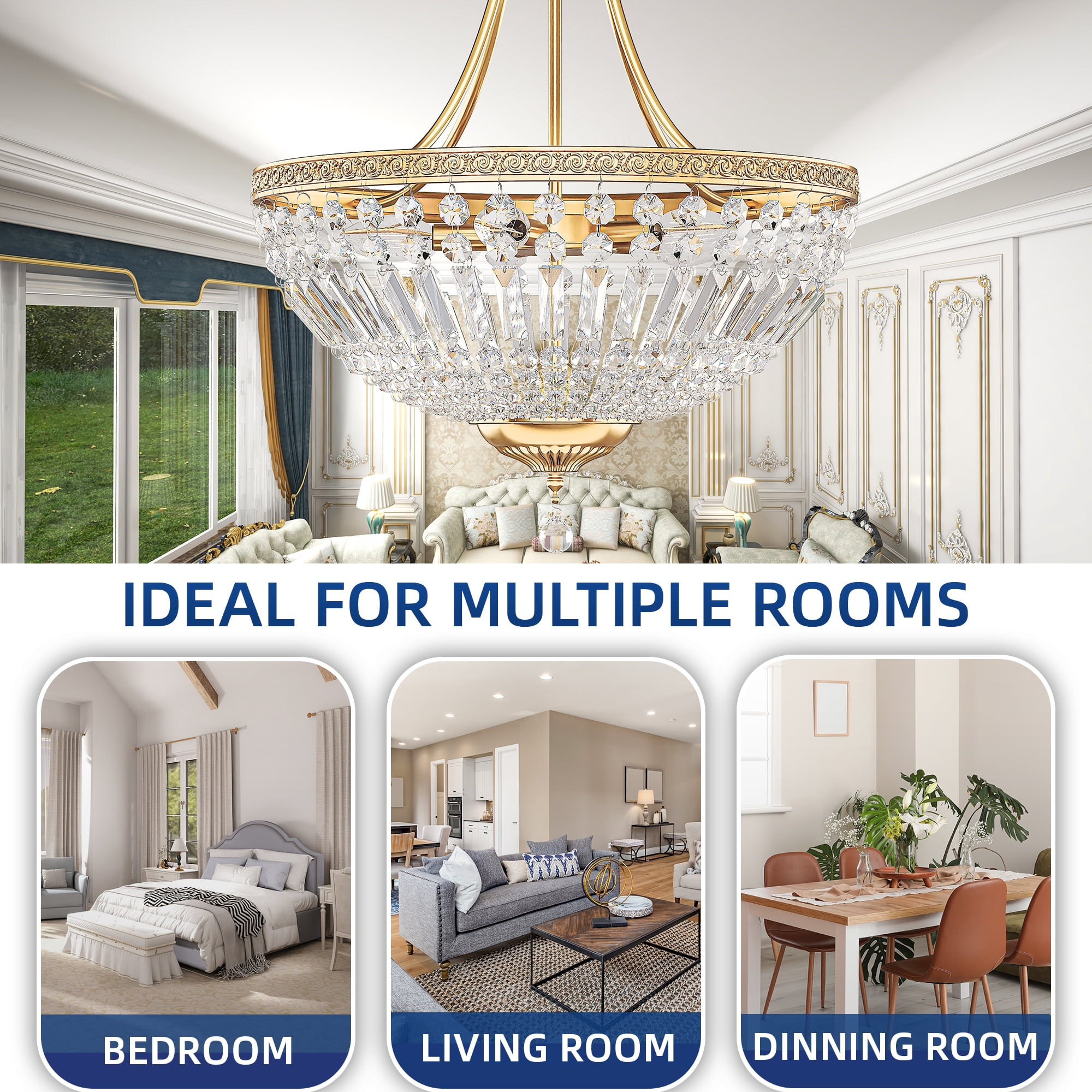 Uforic Crystal Ceiling Light Fixture, 5-Light Flush Mount Chandelier with Metallic Frame, Perfect for Elevating the Look of Bedrooms, Living Rooms, and Kitchens (Gold)